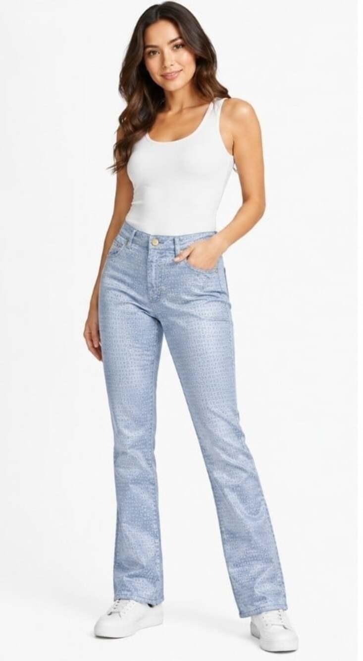 PLATINI JEANS COUGAR  ALL OVER LOGO Print Satin Flare Pants Sz 27  Nwt Blue T60